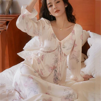 Весенне-осенняя длинная ночная рубашка, Элегантная ночная рубашка во французском стиле, пижамы, ночное белье в дворцовом стиле, домашнее платье, Свободная атласная одежда для отдыха  5