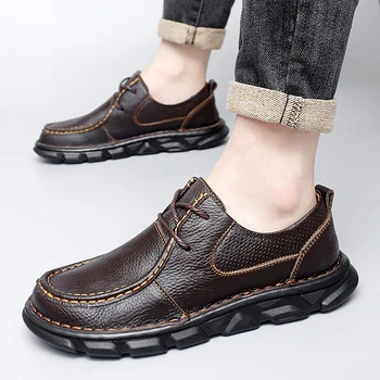 Весной 2023 года Новые кожаные туфли большого размера, мужские туфли ручной работы на толстой подошве, деловые повседневные рабочие туфли на шнуровке  5