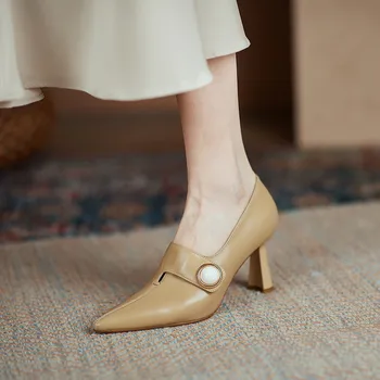 Весной и осенью 2023 года Новые женские тонкие туфли с жемчугом на толстом каблуке w-0s086  5