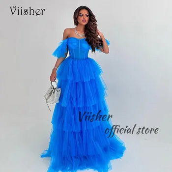 Вечерние платья Viisher из голубого тюля трапециевидной формы с открытыми плечами, корсет, платье для выпускного вечера в стиле милой девушки, платье для празднования событий в Дубае  5