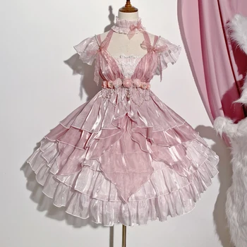 Викторианское Винтажное платье в стиле Лолиты, женское Элегантное платье принцессы с цветочным кружевом, жемчужной цепочкой и бантом, Милое розовое свадебное платье для девочек  10