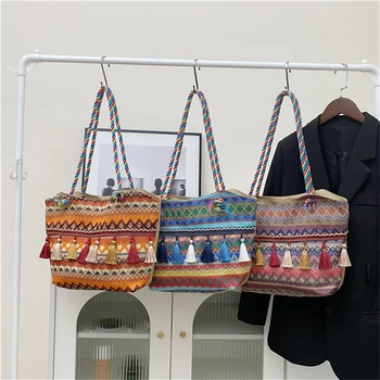 Винтажная богемная сумка через плечо в этническом стиле, сумка-тоут с кисточками, Женская вязаная крючком сумка-шоппер с верхней ручкой, повседневная сумка большой емкости  5