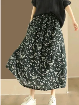 Винтажная двухслойная хлопчатобумажная юбка с принтом, женская повседневная свободная юбка с эластичной талией в стиле ретро 2023 г.  4