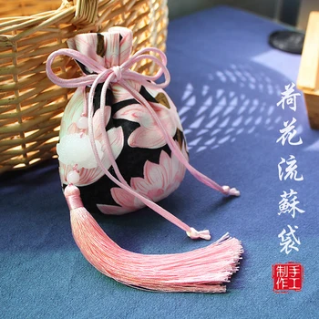 Винтажная сумка на шнурке Lotus, цветочное саше в китайском стиле, Сумка для хранения ювелирных изделий, Аксессуары Hanfu, сумка с кисточкой, подарочная сумка  5