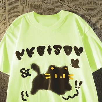 Винтажная футболка с принтом котенка, мужская и женская Свободная летняя повседневная футболка с круглым воротником и короткими рукавами, женские топы оверсайз  5