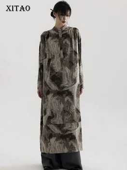 Винтажное повседневное свободное платье XITAO с длинным рукавом и воротником-стойкой, принт 2023, женское осеннее Новое Темпераментное элегантное платье DMJ2205  5