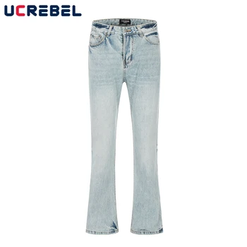 Высокие уличные выстиранные синие расклешенные джинсы Мужские Повседневные потертые уличные джинсовые брюки Мужские  10