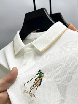 Высококачественная брендовая однотонная рубашка ПОЛО с длинными рукавами и изысканной вышивкой для мужчин, модная футболка с отворотом, повседневный топ против морщин  5