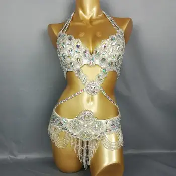 Высококачественный женский вышитый бисером хрустальный костюм для танца живота, Бар + Пояс, комплект, сексуальные женские костюмы для танца живота, одежда для танца живота  5