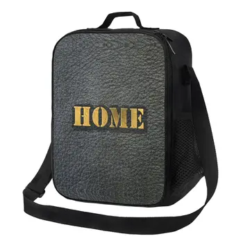Главная Черная Кожаная сумка с золотыми буквами, изолированная сумка для ланча для работы, школы, винтажных текстур, Портативный кулер, Термальный ланч-бокс для детей  5
