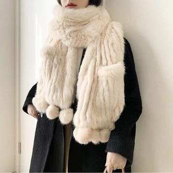 Двусторонняя шаль из кроличьей шерсти с большим карманом для женского теплого зимнего мехового большого шарфа  5