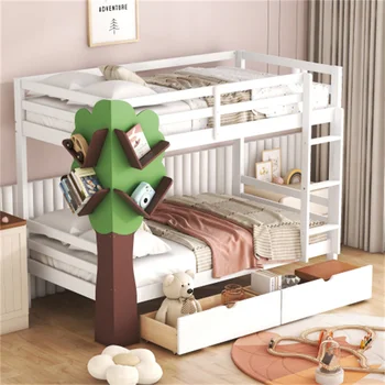 Двухъярусная кровать Twin-Over-Twin с декором в виде дерева и двумя ящиками для хранения, Белая, прочная, простая в установке Мебель для спальни  5