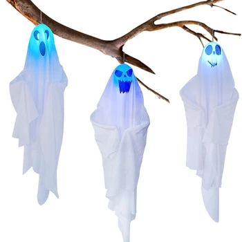 Декоративные подвесные призраки на Хэллоуин, 27,5 дюймов, 3 выражения, милый ветрозащитный шлем с летающим призраком для газона во внутреннем дворике перед домом  5