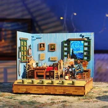 Деревянные кукольные домики своими руками, спальня Ван Гога, Миниатюрные строительные наборы Casa с мебелью, кукольный домик для взрослых, подарки  2