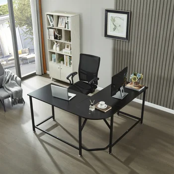 Деревянный игровой стол L-образной формы, угловой компьютерный стол, компьютерный стол для домашнего офиса, черное массивное дерево [на складе в США]  5