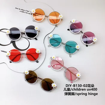 Детская круглая оправа с клейким цветком, устойчивая к ультрафиолетовому излучению, для мальчиков и девочек, корейские солнцезащитные очки со вставками  5