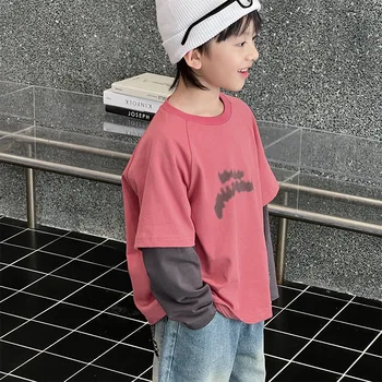 Детская футболка с длинными рукавами, осенняя детская нижняя рубашка 2023 года, новый тренд на корейских мальчиков из двух предметов, топ 2-16  4
