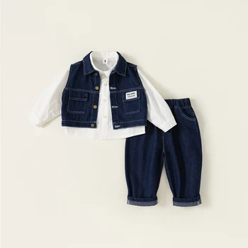 Детский костюм, осенняя мода для мальчиков, джинсовый жилет, Белая рубашка, джинсовый костюм-тройка  5