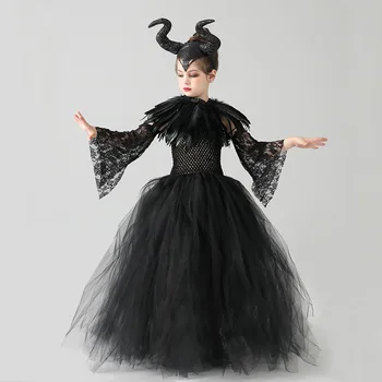 Детский костюм-пачка Черного Дьявола, Готический костюм для девочек на Хэллоуин, Нарядное платье-пачка С шалью из перьев, Платье Королевской Темной Королевы, Платье 10T  5