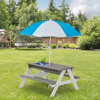 Детский уличный деревянный столик для пикника 3 в 1 с зонтиком, раскладывающийся для песка и воды, Для сада на заднем дворе  5