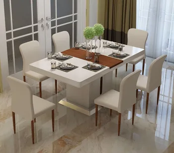 Дешевая Современная мебель для столовой из белого дерева, 6-местные Обеденные Столы со стульями  5
