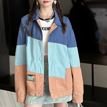 Джинсовая куртка, женская корейская уличная одежда, модный цветной блокирующий принт с мультяшными буквами, милое женское осеннее пальто свободного кроя, контрастный цвет, Ins  5