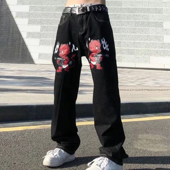Джинсы Y2K Мужские Повседневные джинсовые Брюки в стиле хип-хоп в стиле ретро с изображением огненного Черепа, Новые Прямые хип-хоп Свободные Широкие Брюки, Уличная одежда 2023 года  5