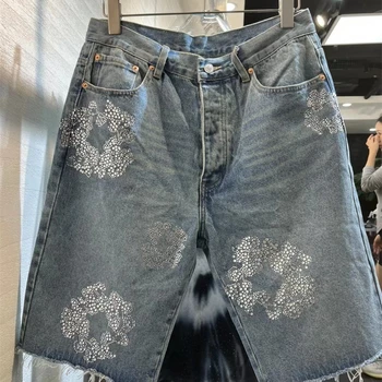 Джинсы с рисунком Капок, инкрустированные бриллиантами, выстиранные шорты, мужские Женские повседневные винтажные шорты Kanye Jeans из аниме лучшего качества  5
