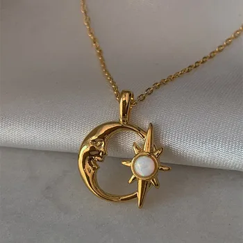 Дизайн Small Crowd Ins, Трехмерное ожерелье с полой звездой и Луной, подвеска Sun Star Moon Embrace С опалом, цепочка для ключиц  5