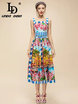 Дизайнер LD LINDA DELLA Summer, элегантное вечернее платье для подиума, Женское однобортное платье в полоску с принтом из чистого хлопка, архитектурное платье в полоску  5