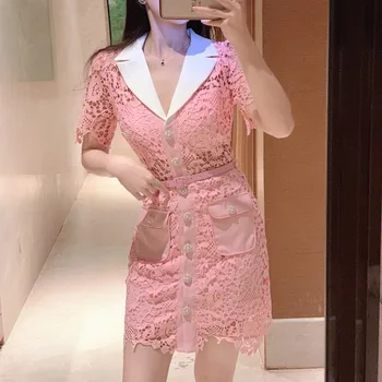 Дизайнерское Розовое кружевное мини-платье с вырезами, Винтажное однобортное платье с жемчужными пуговицами, женское облегающее вечернее платье Vestidos  5