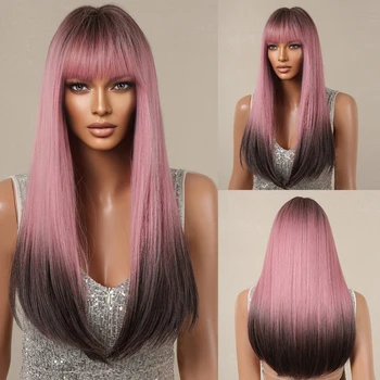 Длинный парик с челкой, Розовое Черное омбре, натуральный прямой синтетический парик, косплей для женщин, вечеринка в стиле Лолиты, Использование термостойкого волокна  5