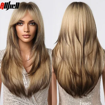 Длинный прямой светлый золотисто-коричневый синтетический парик с челкой из слоистых волос для женщин, парик для косплея на Хэллоуин, Термостойкий  5