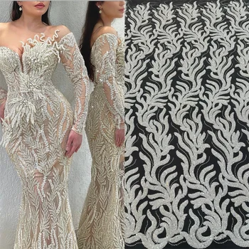 Дубай 2023 Роскошные ткани из бисера Белая Африканская кружевная ткань высокого качества Sequence Роскошные свадебные платья для женщин Wp19-1  10