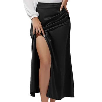 Женская атласная плиссированная длинная юбка с разрезом и высокой талией, европейская и американская однотонная юбка на молнии в виде рыбьего хвоста Tienda Traf  5
