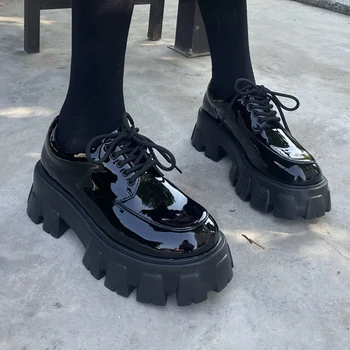 Женская обувь 2023, Высококачественные женские туфли-лодочки на шнуровке, осенняя однотонная обувь с круглым носком в британском стиле, женская платформа на массивном каблуке  4