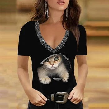 Женская повседневная футболка с коротким рукавом 2023, новинка весны, свободные топы с V-образным вырезом и принтом, футболка с забавными кошками, модная женская уличная одежда  10