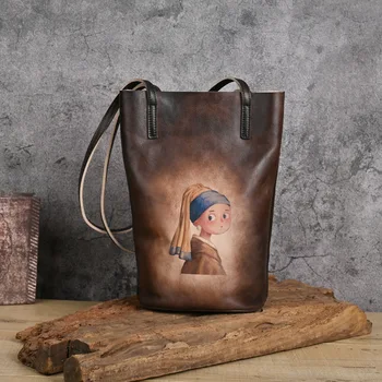 Женская сумка в стиле ретро с ручным принтом, женские сумки-ведра из натуральной кожи, женские роскошные дизайнерские сумки через плечо с длинной ручкой  2