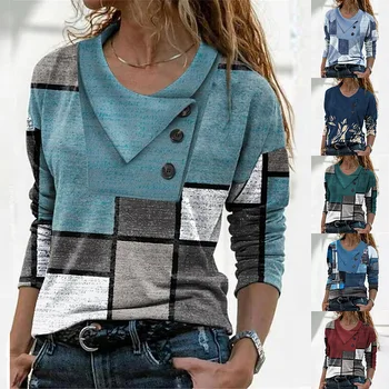 Женская футболка с перекрестным воротником и пуговицами с геометрическим принтом, топ с длинным рукавом  5