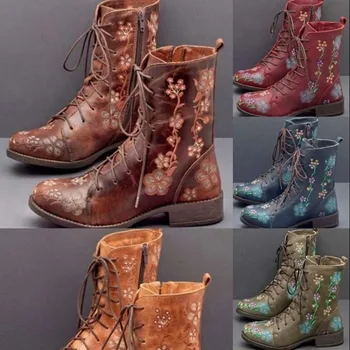 Женские ботильоны с вышивкой, большие размеры 43, сапоги с цветами, 2024, женская осенне-зимняя женская обувь из искусственной кожи на шнуровке, женская обувь  5