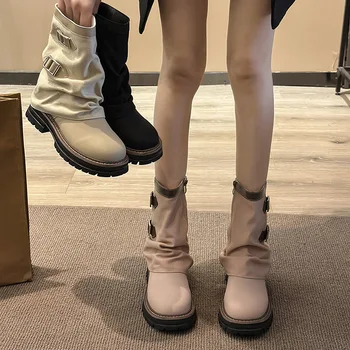 Женские брючные ботинки с боковой молнией 2023, осень-зима, Новая дизайнерская обувь на платформе, женская модная повседневная однотонная обувь, женская обувь  5