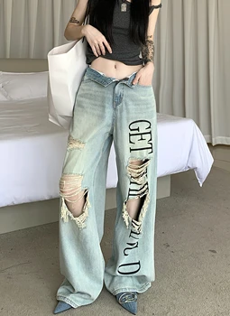 Женские винтажные джинсы с рваными дырками и буквами, широкие джинсы, женские шикарные свободные прямые джинсы полной длины с высокой талией  5