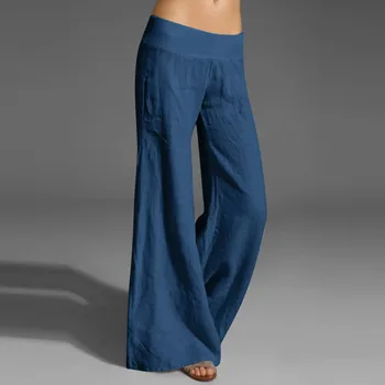 Женские Винтажные широкие брюки Ramie, однотонные брюки с эластичной резинкой на талии, Новинка 2023, весенние Свободные женские брюки в стиле пэчворк.  5