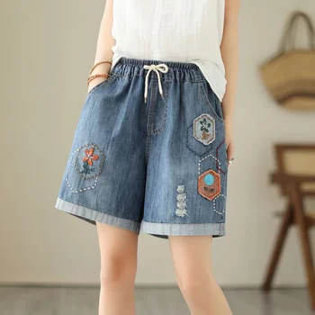 Женские джинсовые шорты Mori Girl в этническом стиле с эластичной резинкой на талии и цветочной вышивкой, шорты с аппликацией, женские короткие джинсовые штаны-хот-доги  5