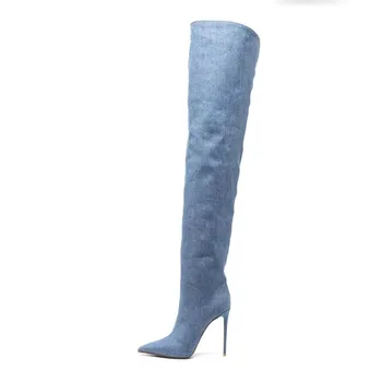 Женские до колена высокие сапоги тонкий каблук джинсовые туфли, уличный стиль, сплошной цвет высокий каблук осень над коленом Боттас Femelles  5