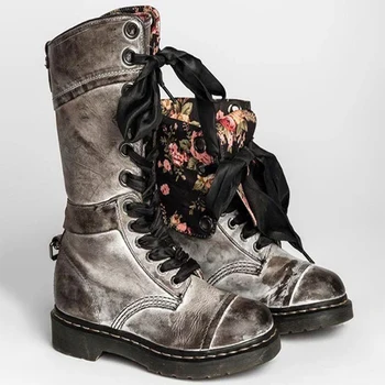 Женские кожаные высокие ботинки, ботинки на платформе со шнуровкой и круглым носком, цветочный принт, женские ботинки в стиле ретро, Zapatos De Mujer  5
