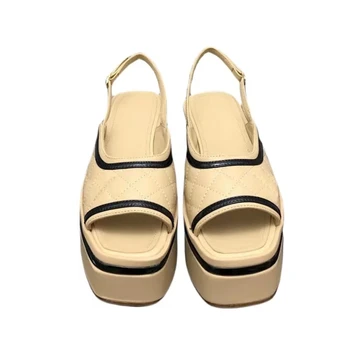 Женские летние босоножки на платформе из натуральной кожи смешанного цвета с квадратным носком и ремешком с пряжкой на высоком каблуке Повседневная обувь  5