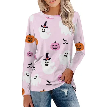 Женские модные Свободные футболки с принтом на Хэллоуин, с длинным рукавом и круглым вырезом, Легкие удобные Мягкие топы Ropa De Mujer  5