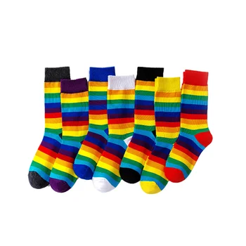 Женские носки, весенние и осенние носки, радужные носки, полосатые спортивные носки средней длины в опрятном стиле для девочек, носки для йоги, велоспорта  5