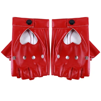 Женские перчатки из искусственной кожи для вождения без пальцев с крутыми заклепками, сексуальная диско-танцевальная рок-н-ролльная Черно-красная Белая панк-перчатка  5